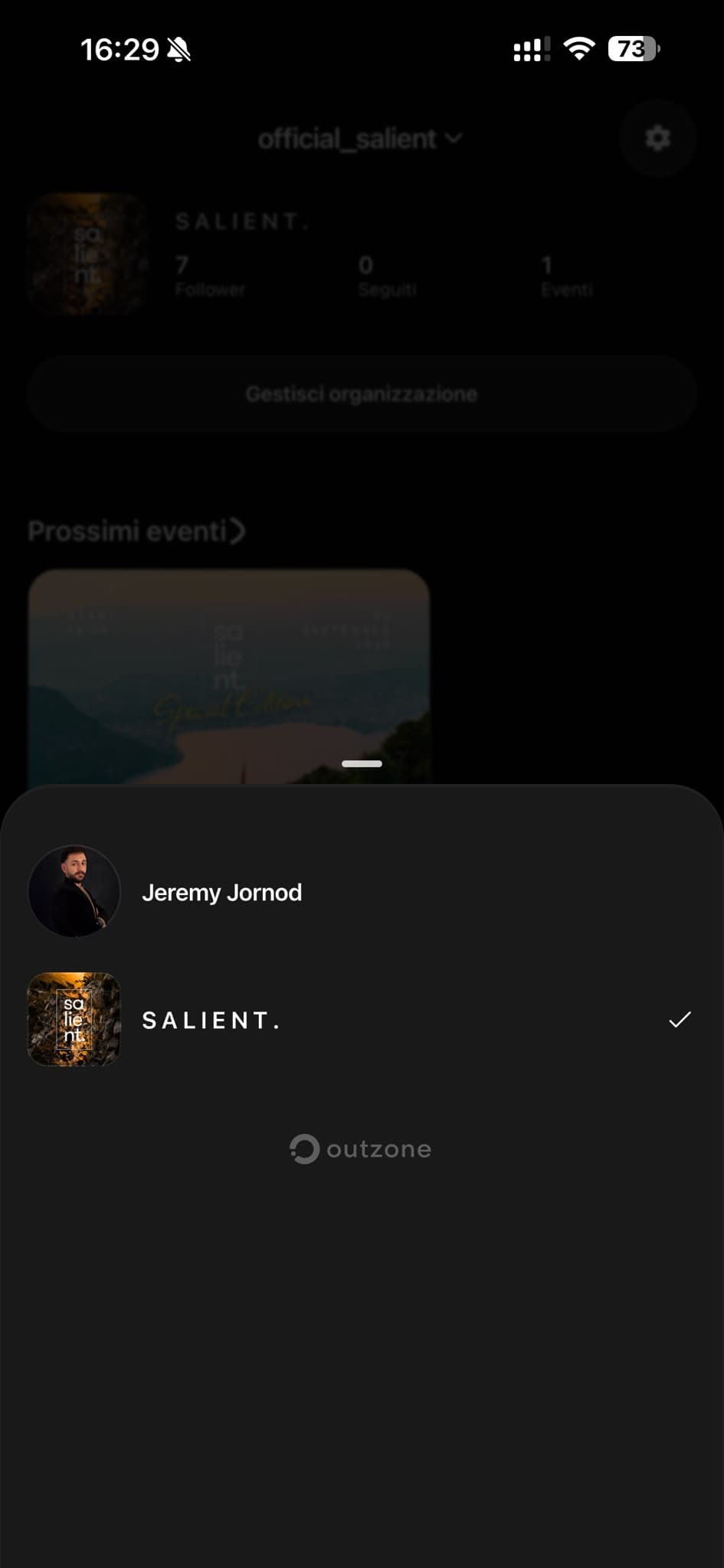 Switcher between a personal profile and an organisation on Outzone