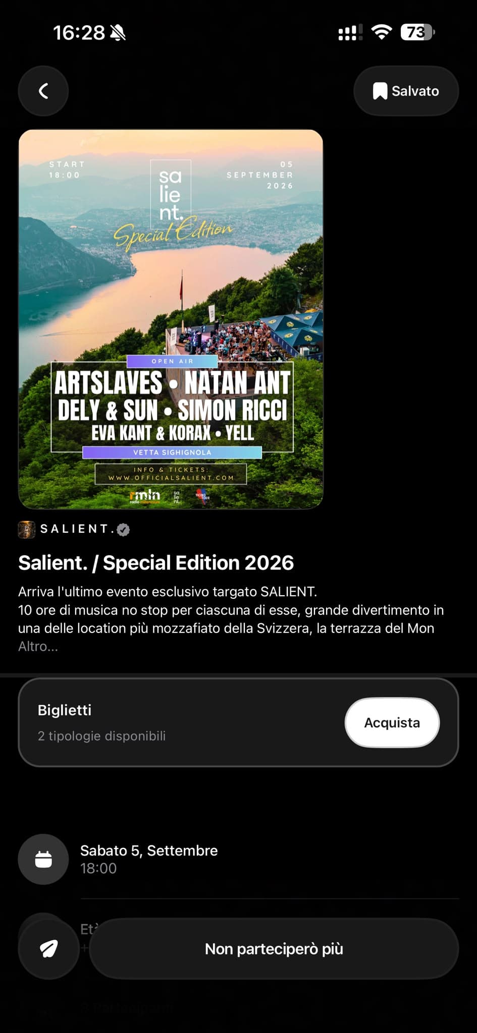 An event detail in the Outzone app, with cover, date and tickets