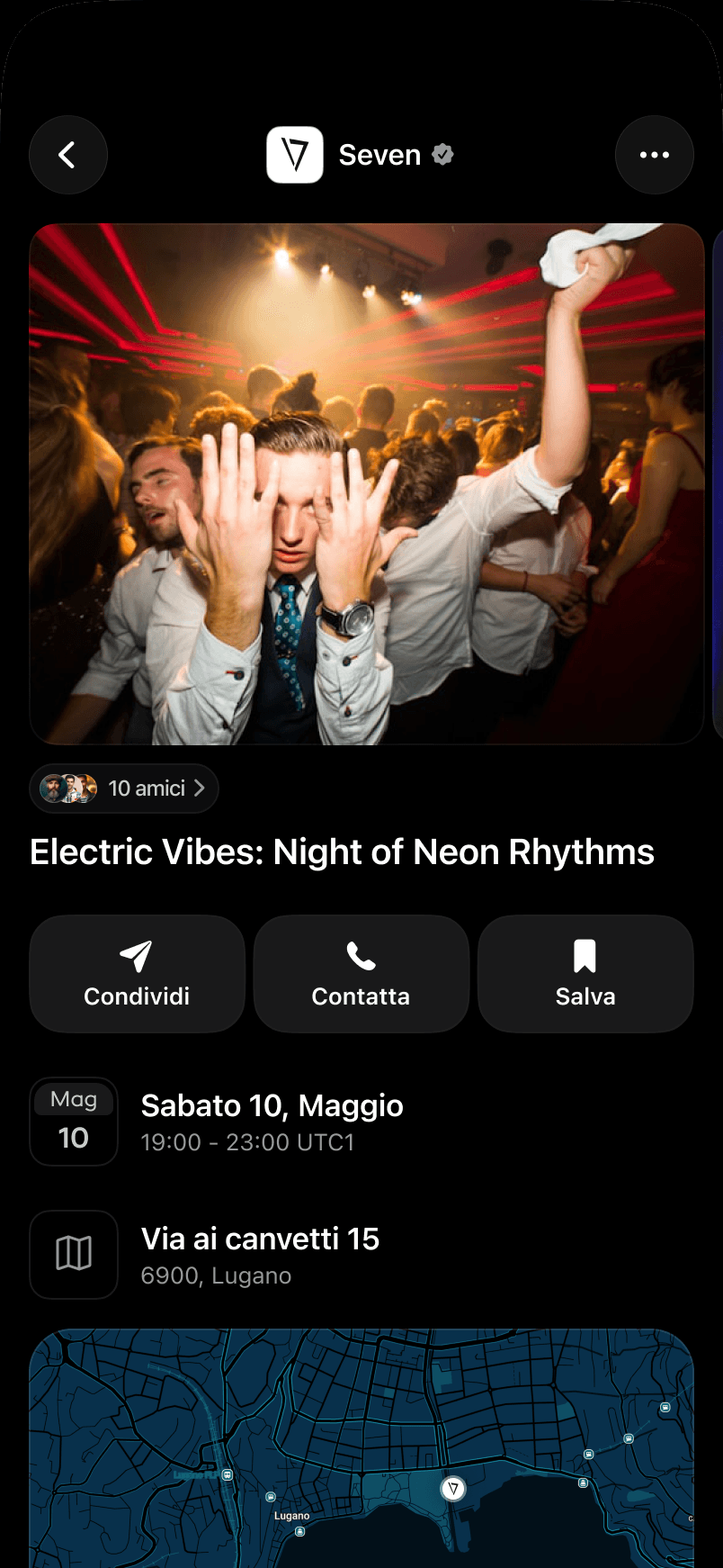 Dettaglio di un evento nell'app Outzone, con copertina, data e mappa