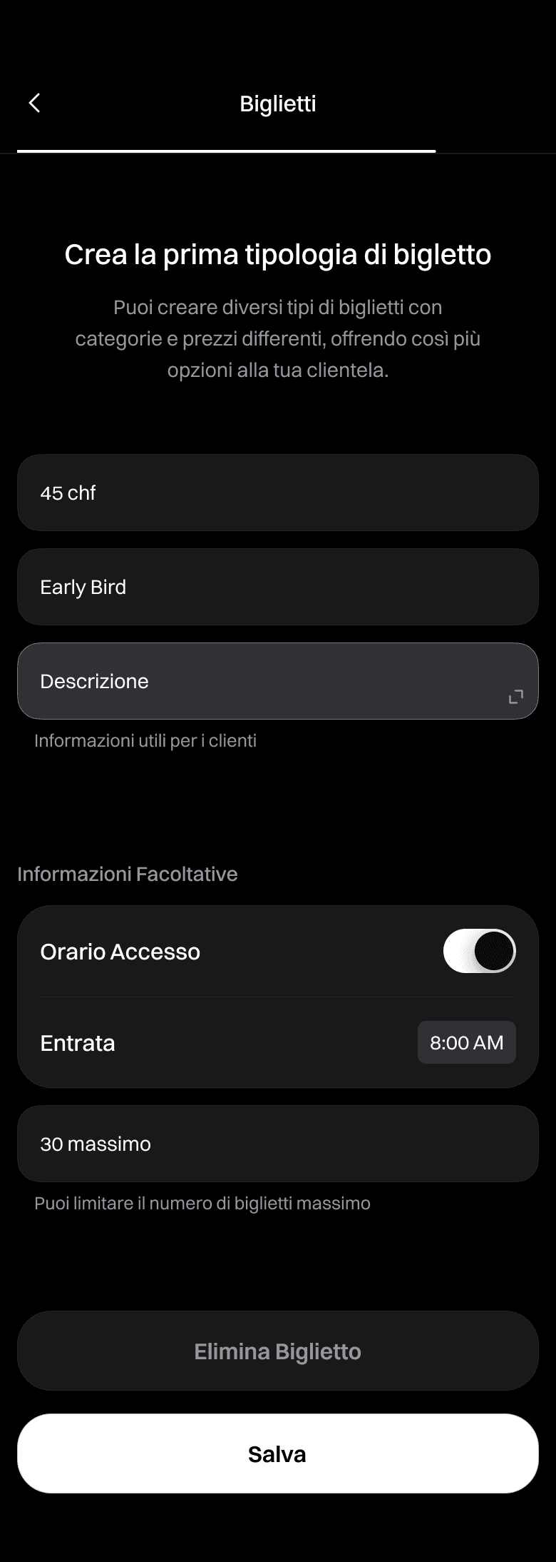 Creazione di una tipologia di biglietto nell'app Outzone