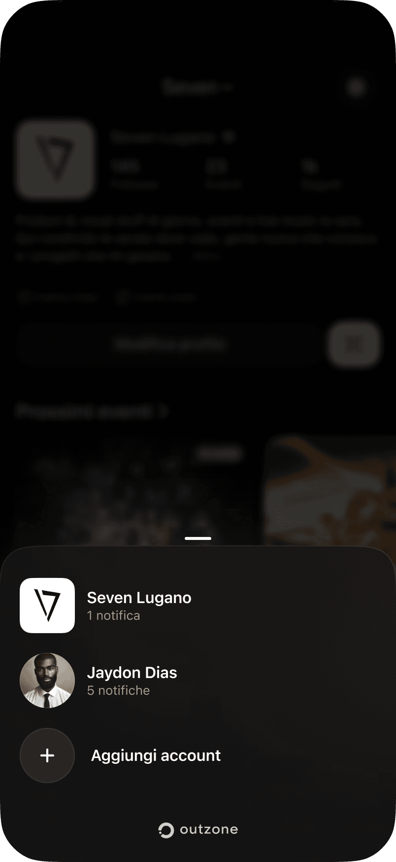 Selettore account Outzone con un profilo personale e un'organizzazione